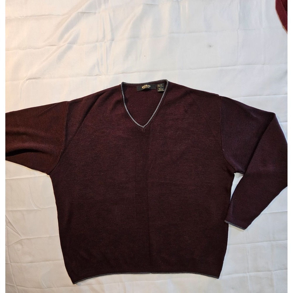 Bachrach Italy Men's Burgundy V Neck Sweater Gray trim L